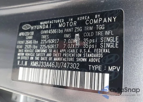 2018 Hyundai Tucson Sel из США, поврежденный, VIN KM8J33A46JU747302